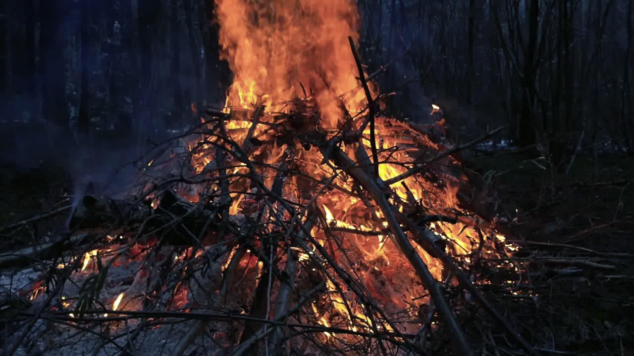 Large fire or a bonfire burning with a large flame, embers, smoke and sparkles during night evening or dusk time in winter forest, snow on the ground. Flame is orange, red and large, trees background.