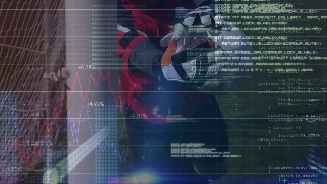 Graph and data animation over person holding soccer ball on field