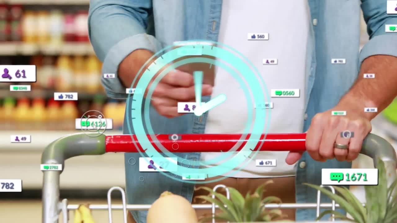 animación del reloj sobre los iconos de las redes sociales y el hombre usando el teléfono inteligente mientras compra