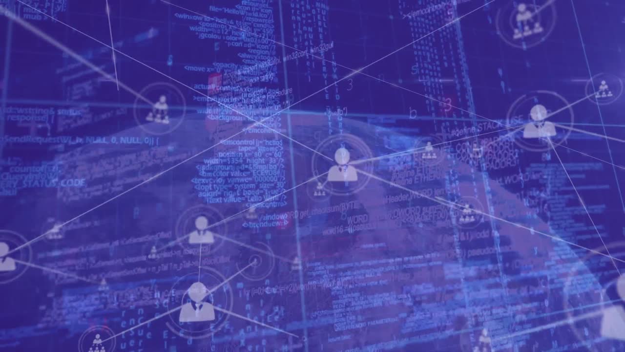 Animation of network of connections with icons over data processing