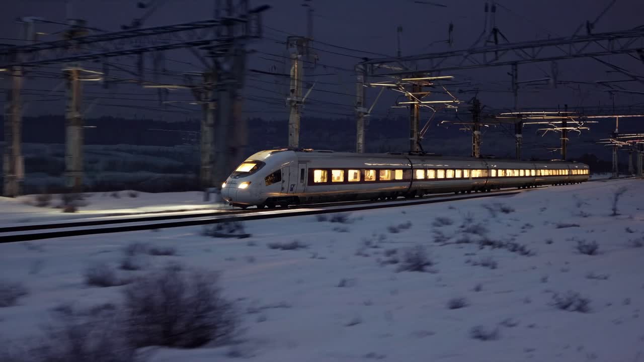 A sleek high-speed train races through a snowy landscape at dusk, captured in a dynamic side-angle