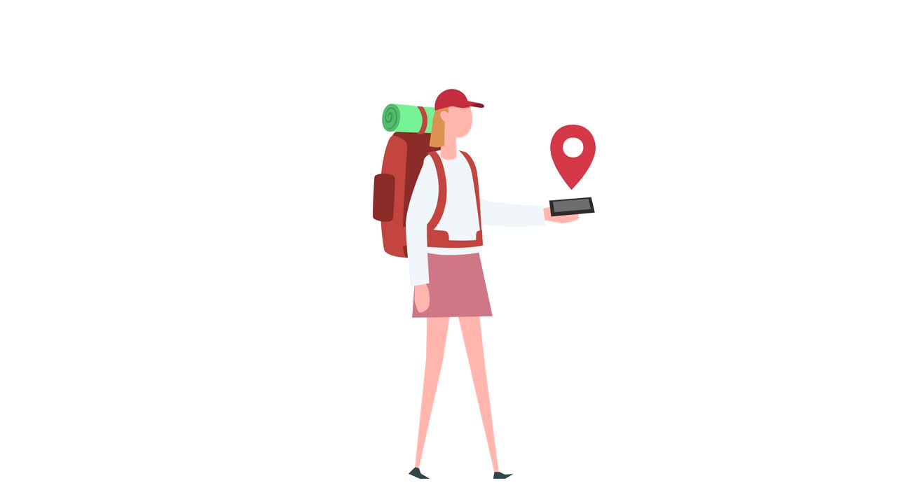 Flat cartoon colorful woman character animation. Girl walk cycle with backpack travel GPS navigation situation