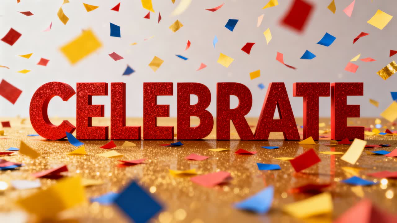 Coriandoli che cadono dall'alto, posandosi attorno a lettere rosse con la scritta CELEBRATE su una superficie dorata per una celebrazione.