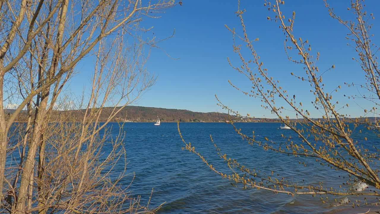 이탈리아의 평화로운 푸른 호수 마조레에 있는 나무들 사이에서 항해하는 배.