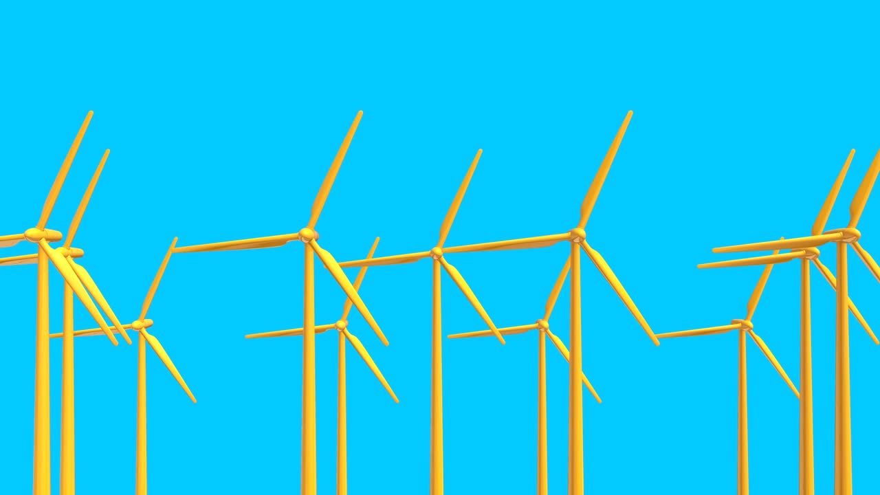 Colorful cartoon working wind turbines isolated on simple background. Creative minimalistic concept of energy storage system. Loopable digital 3d animation.