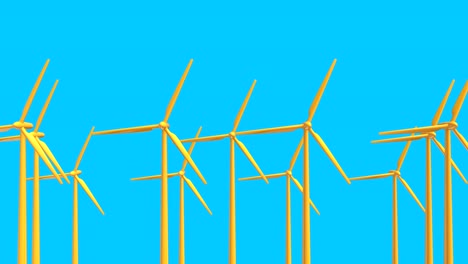coloridas turbinas eólicas de trabajo aisladas en un fondo simple. concepto minimalista creativo de sistema de almacenamiento de energía. animación 3d digital en bucle.