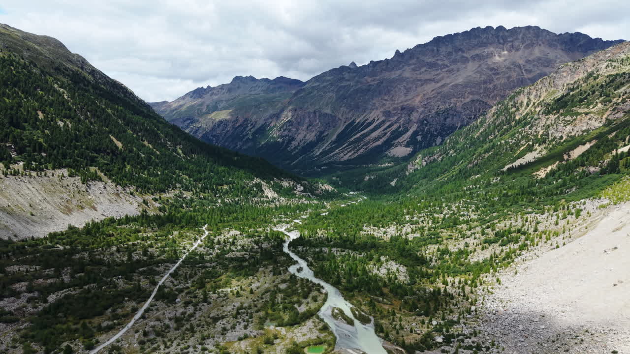 Scenic aerial view of Morteratsch, Switzerland, lush valley, serene mountains