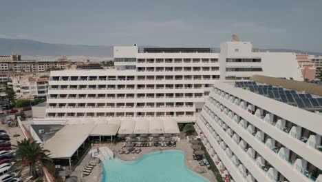 aerial long pull away view from spanish hotel to the beach and sea in almeria