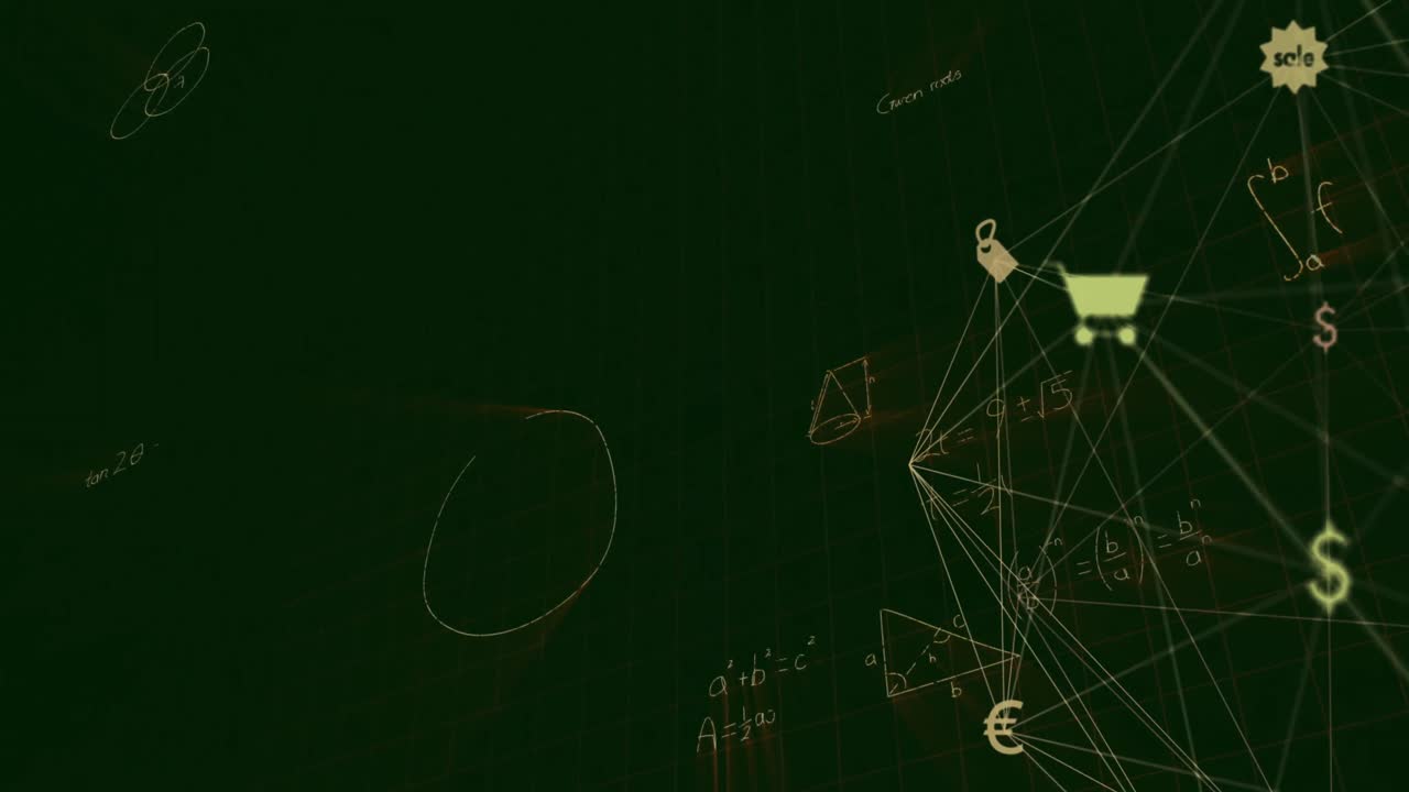 Animation of network of connections with icons over mathematical equations on black background