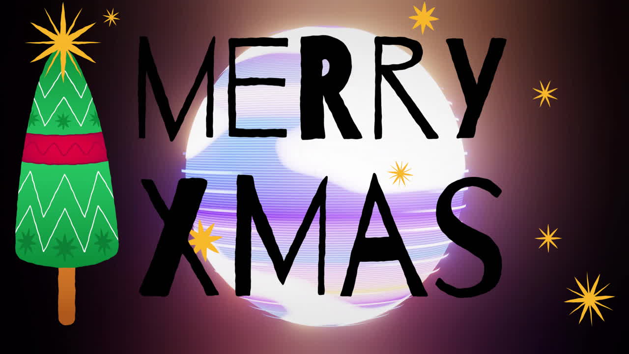 animación de texto de feliz navidad con estrellas y árbol de navidad sobre un fondo brillante