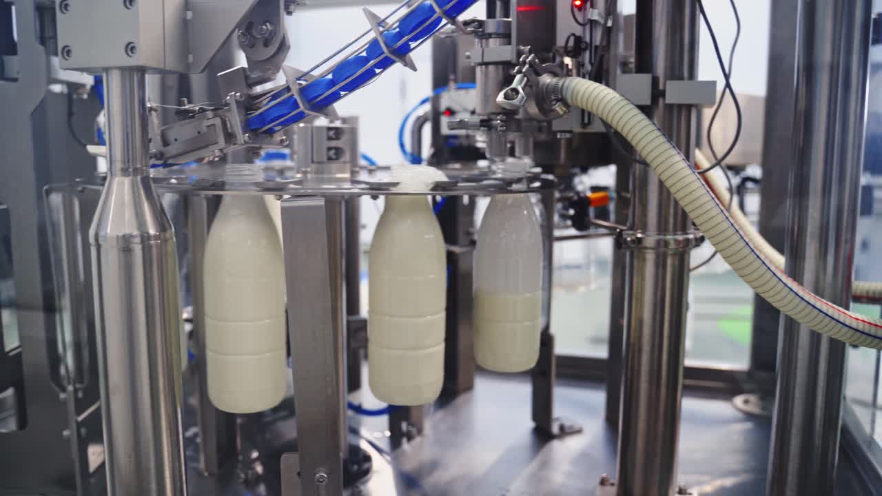 Robotic process for filling bottles with milk in a factory. Milk is pouring into plastic bottles by a special automatic equipment in a modern dairy plant.