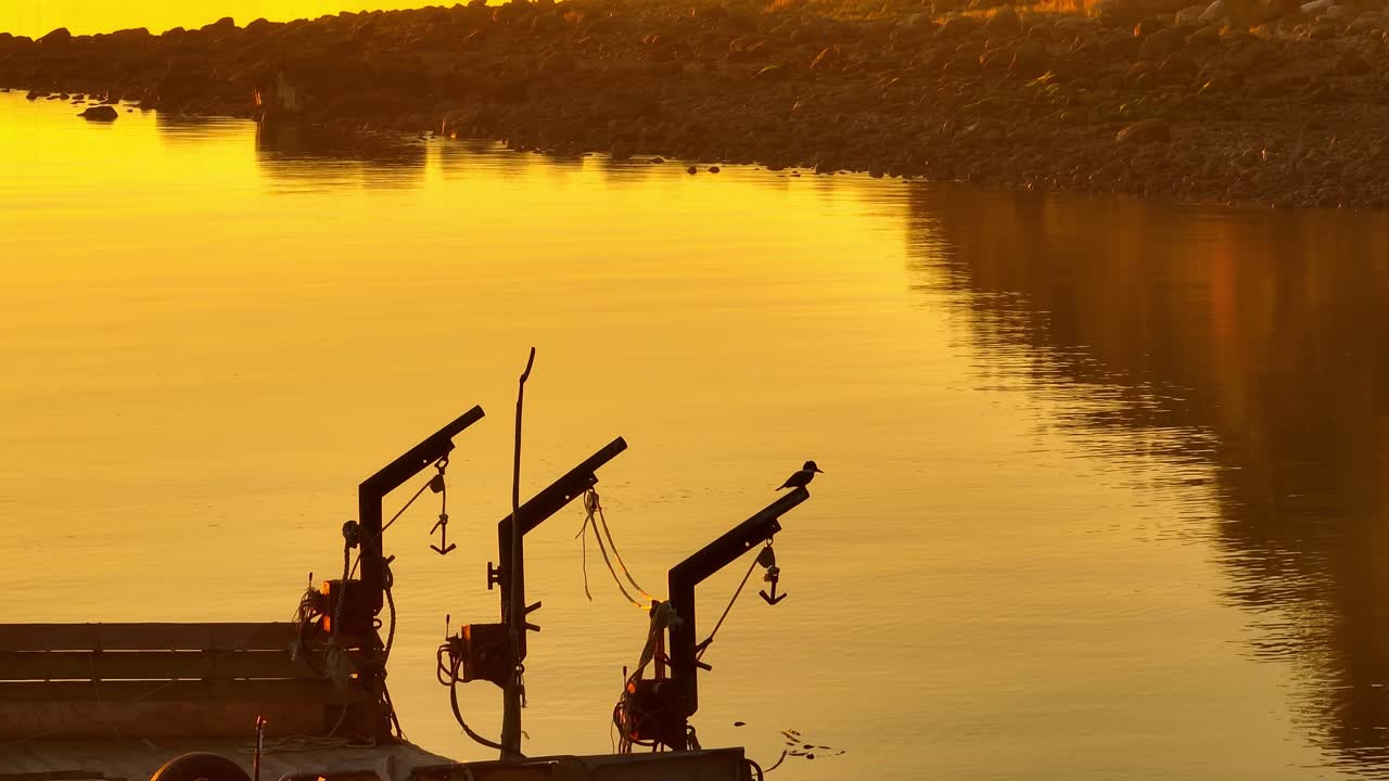 Udsigt over havet ved solnedgang i den orange gyldne time med langsom dollybevægelse mod silhuet af isfugl, der sidder på kanten af en båd