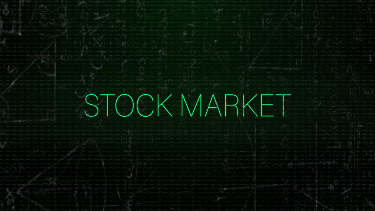 animación de texto del mercado de valores sobre gráficos financieros y datos en fondo verde