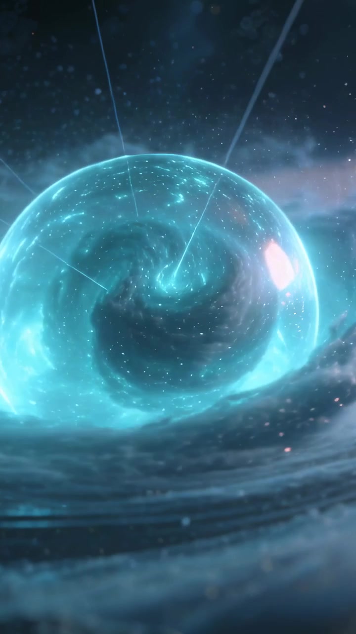 Video verticale: Strisce di luce discendenti che colpiscono un globo ciano luminoso sopra anelli, con un vortice che si intensifica
