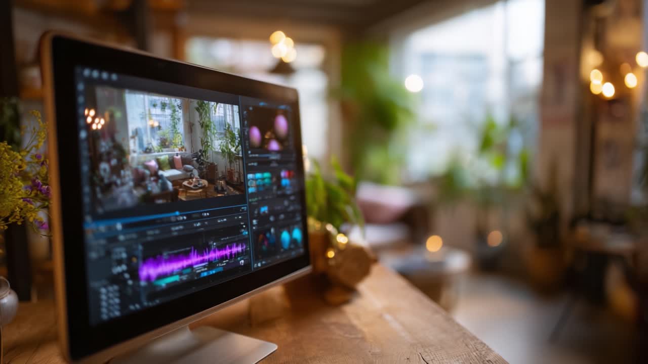 Um monitor de computador exibindo um software de edição de vídeo, cercado por plantas e decoração aconchegante em um ambiente de trabalho convidativo com luz natural entrando