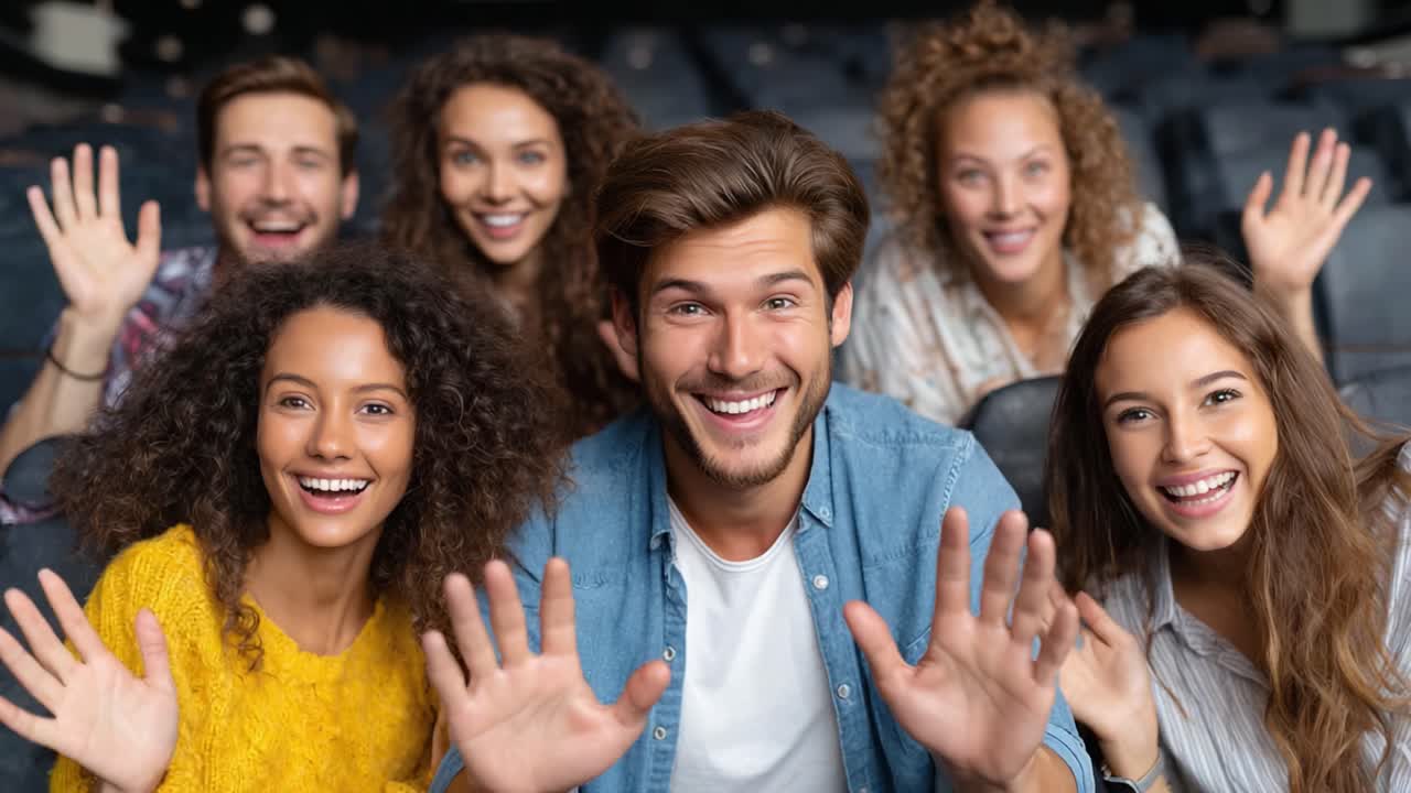 Una gioiosa riunione di amici a teatro, che mostrano la loro felicità ed entusiasmo con sorrisi e saluti, creando un'atmosfera calda e accogliente