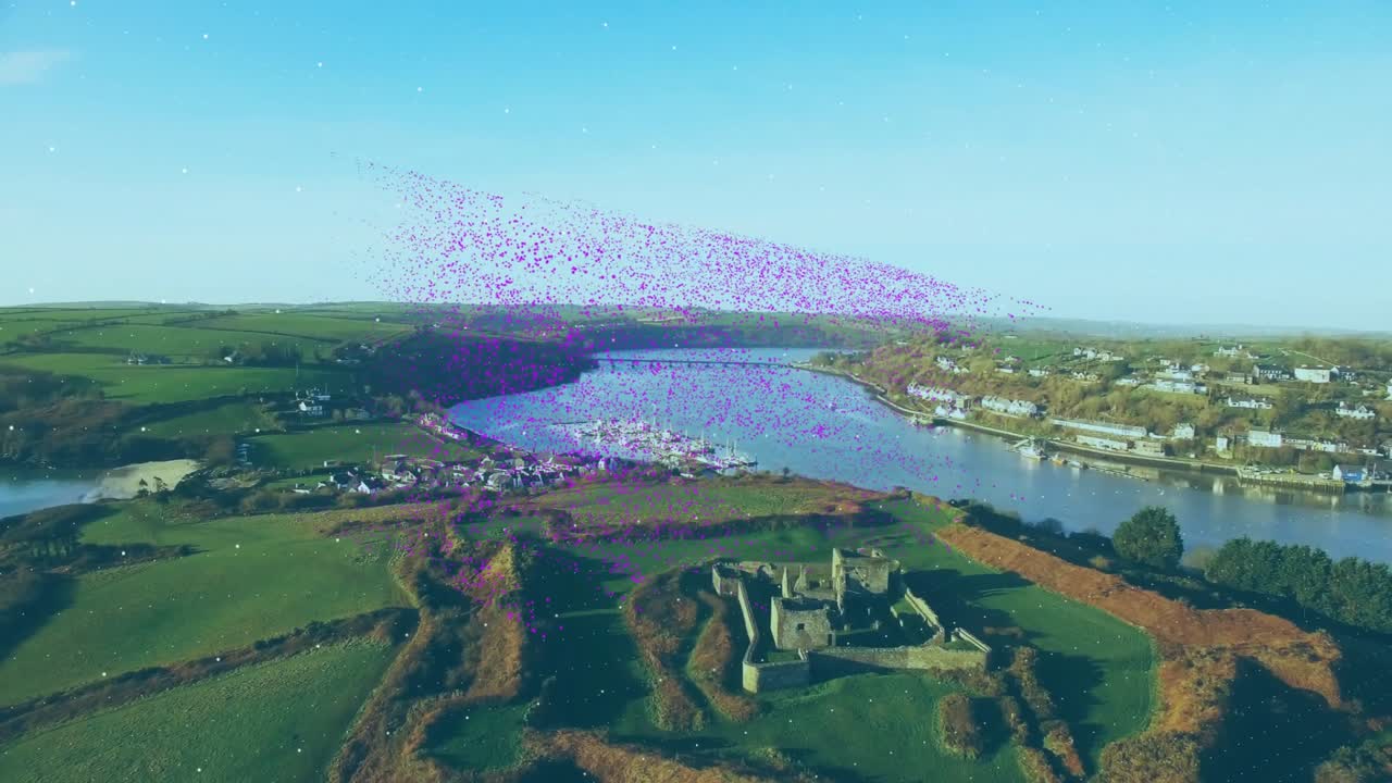 Pixelated glitch letters spelling LIFE being animated over river showing castle ruins and sailboats