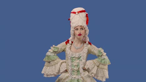 portrait of courtier lady in white vintage lace dress and wig, enjoying chewing gum. young woman posing in studio with blue screen background. close up. slow motion ready 59.94fps