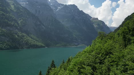 dramatic aerial view of switzerland alpine mountains,lake and forests