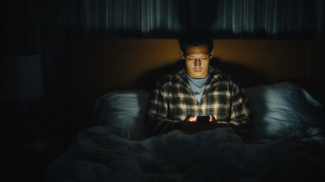 Una Scena Notturna: un Giovane Assorto nel Suo Smartphone Seduto a Letto, Illuminato dal Bagliore dello Schermo in una Stanza Fiocamente Illuminata