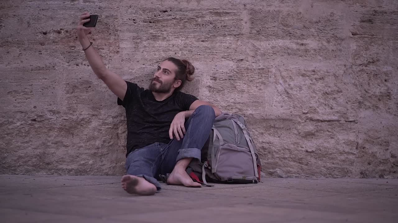 Tourist taking selfie outdoors