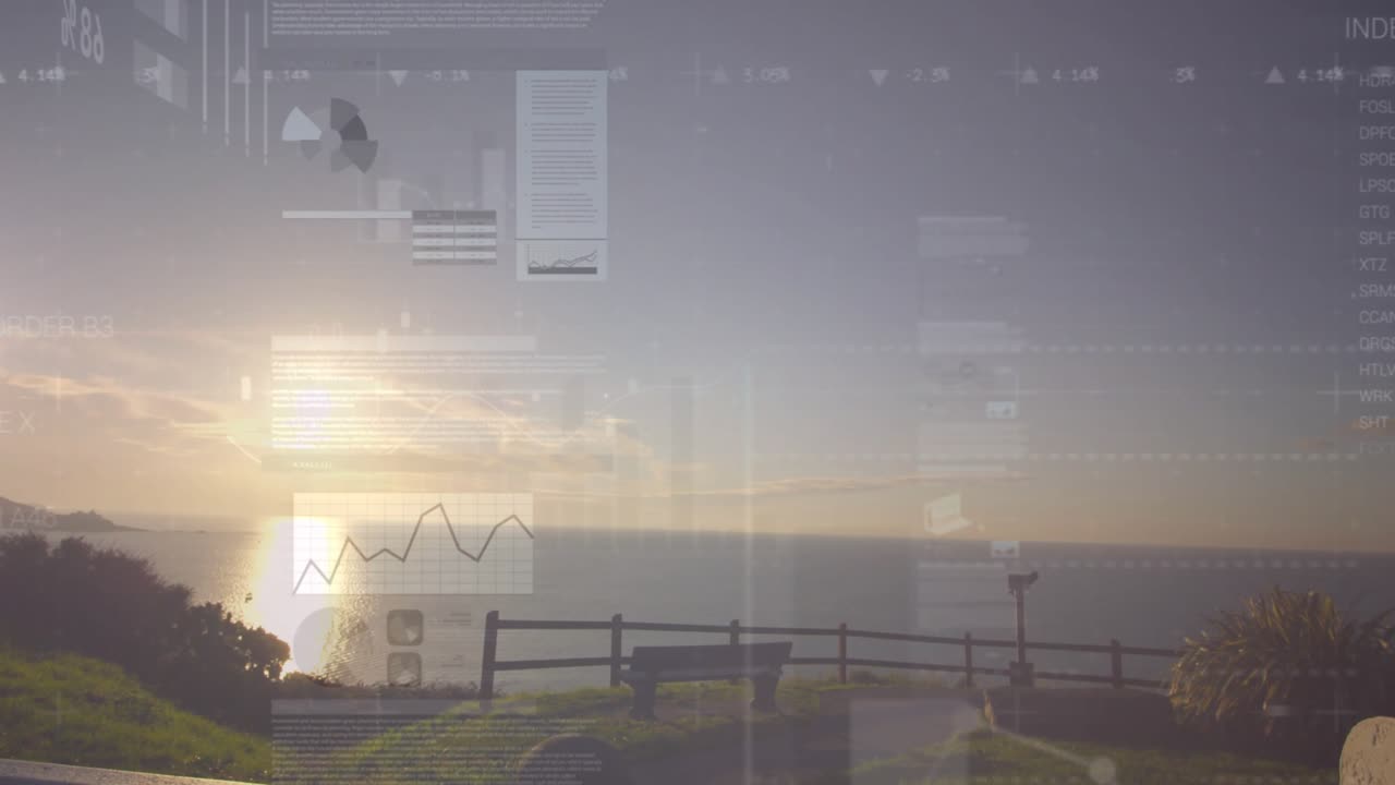 Sun rising and brightening sea view, dashboard panels sliding and fading to reveal shoreline