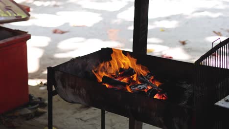 flames flickering on a charcoal barbecue grill