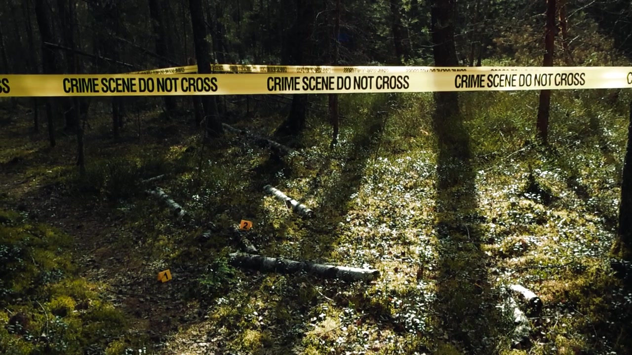Yellow police tape reading crime scene do not cross marking off a secured area in a dense forest with evidence markers on the ground indicating a murder or homicide investigation