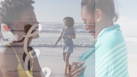 animation of shapes over african american family at beach