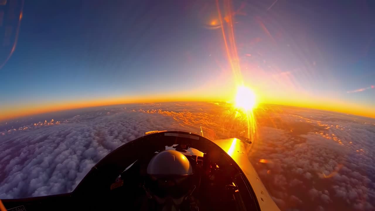 Impresionante video con vista desde la cabina de un avión a reacción elevándose sobre las nubes al atardecer, capturado con gran angular