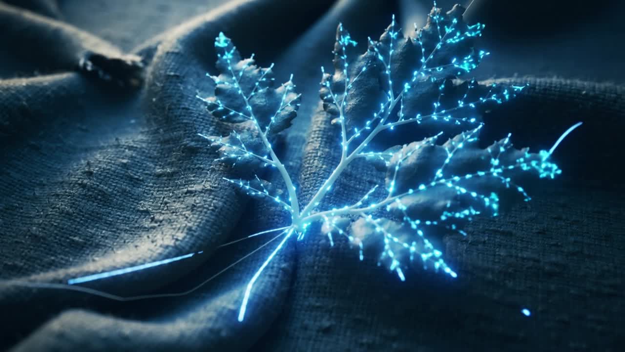 Forma ramificata luminosa che germoglia emergendo da un filamento blu su una piega di tessuto da studio, nodi che pulsano