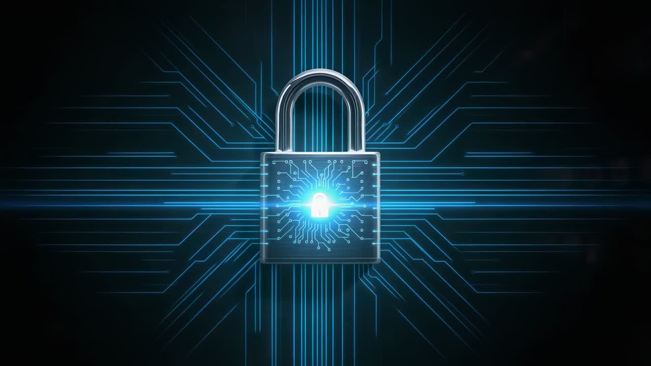 Emerging soft blue glow from metallic padlock icon in dark code grid, activating secure circuitry