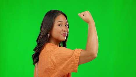 face, woman and strong arm on green screen