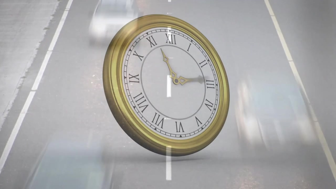 On start gold clock rotating and advancing hands over moving highway signaling time progression