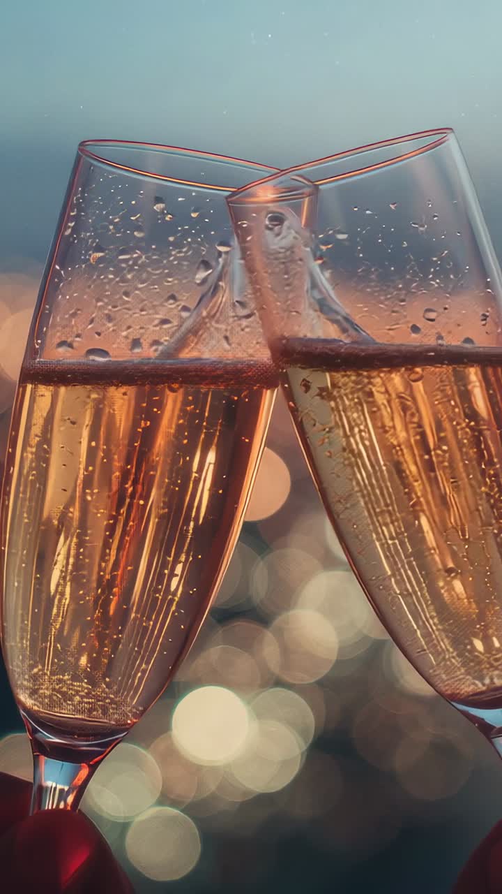 Vertical video: Raising flutes clinking at waterfront, celebrating romance as dusk revealing bokeh