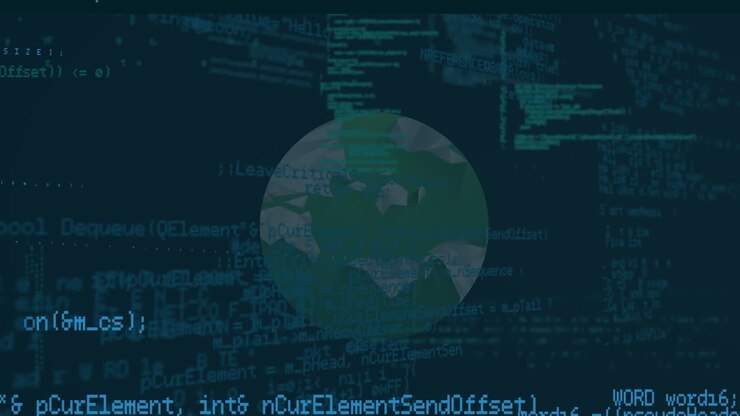 Animazione di elaborazione dati con globo su sfondo blu.