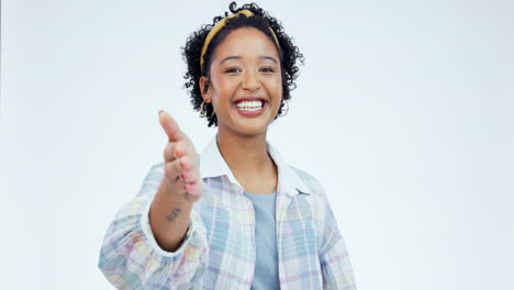 Woman,-face-and-handshake-for-welcome