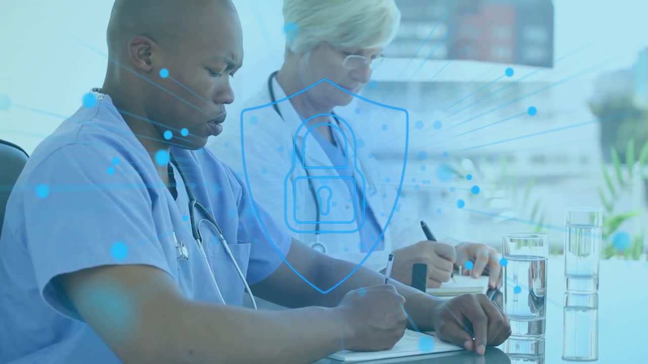 Animation of shapes and padlock over diverse doctors taking notes