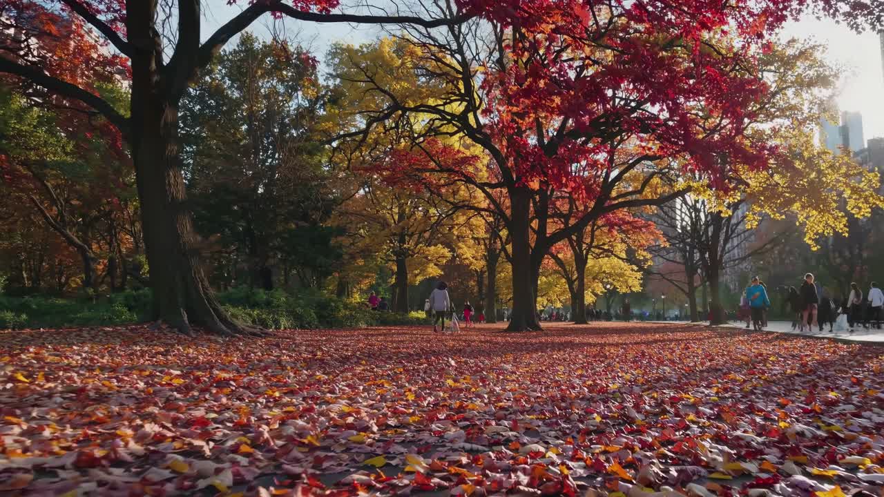 Low-angle video captures a vibrant autumn park scene, showcasing colorful leaves and people