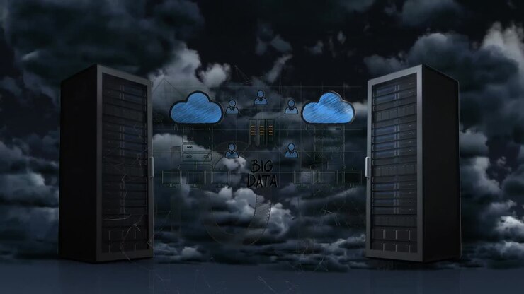 Animation of computer servers over cloudy sky