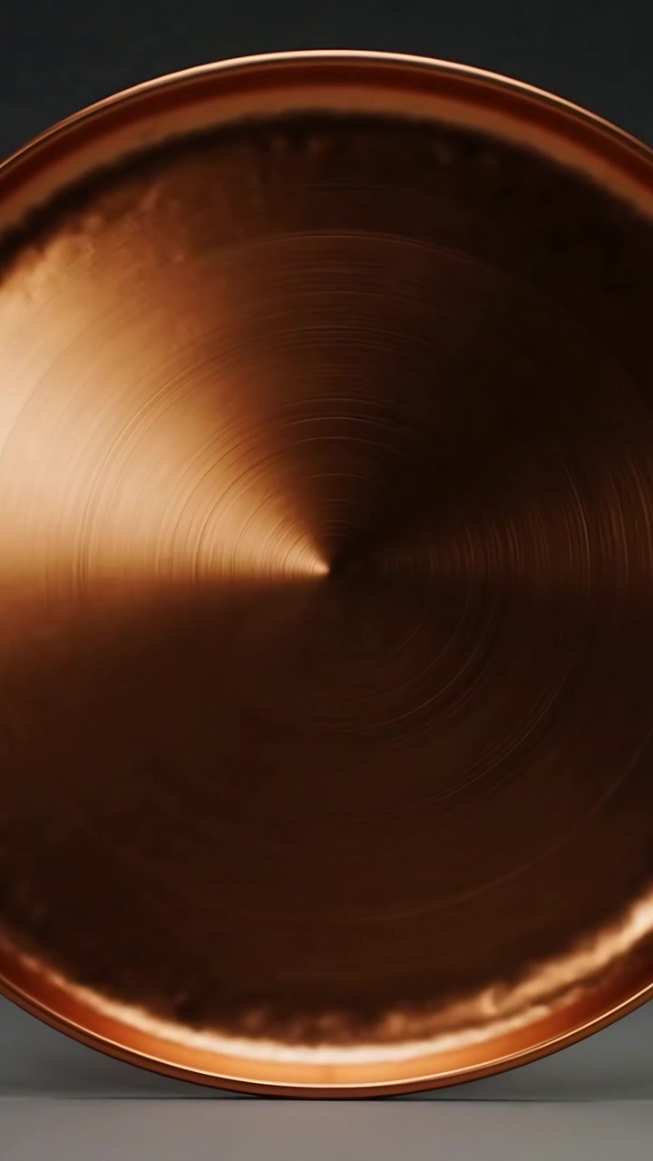 Video verticale: Luce fuori campo che si sposta e illumina un disco di rame su un tavolo, mostrando il bordo e gli anelli di tornitura.