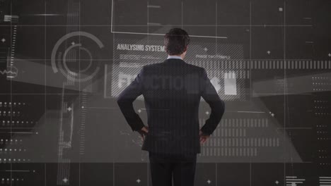 animation of digital screen with diverse data and world map over back of caucasian businessman