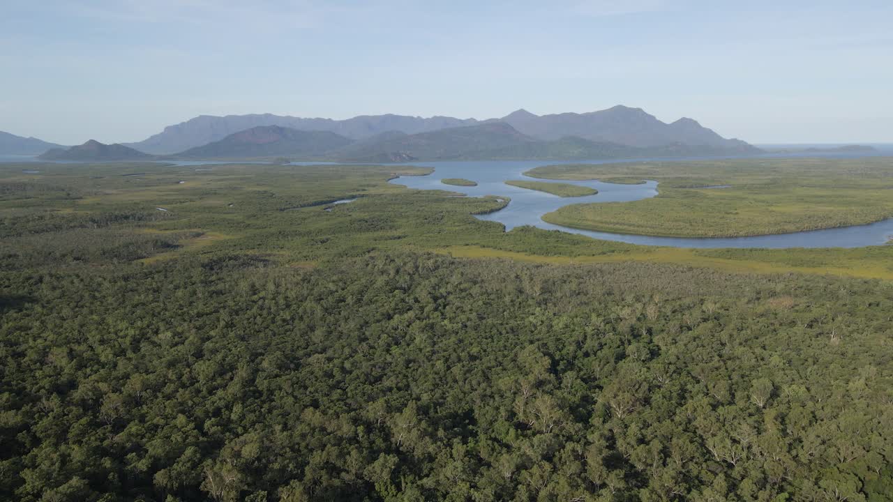Aerial View Of Hinchinbrook Channel And Hinchinbrook Island National Park From Mainland In Queensland, Australia