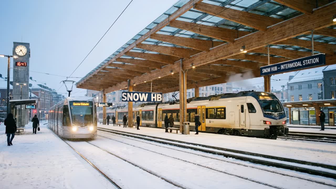 Togstation om vinteren med sne og pendlere, der venter på offentlig transport