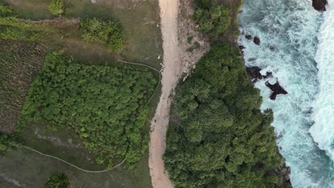 aerial ascends over dirt road atop rocky cliffs, ocean waves below