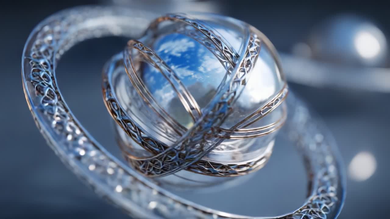 A Stunning 3D Render of a Celestial Sphere Surrounded by Intricate Metallic Rings, Showcasing Reflections and Depth in a Sci-Fi Inspired Environment for Visual Enthusiasts