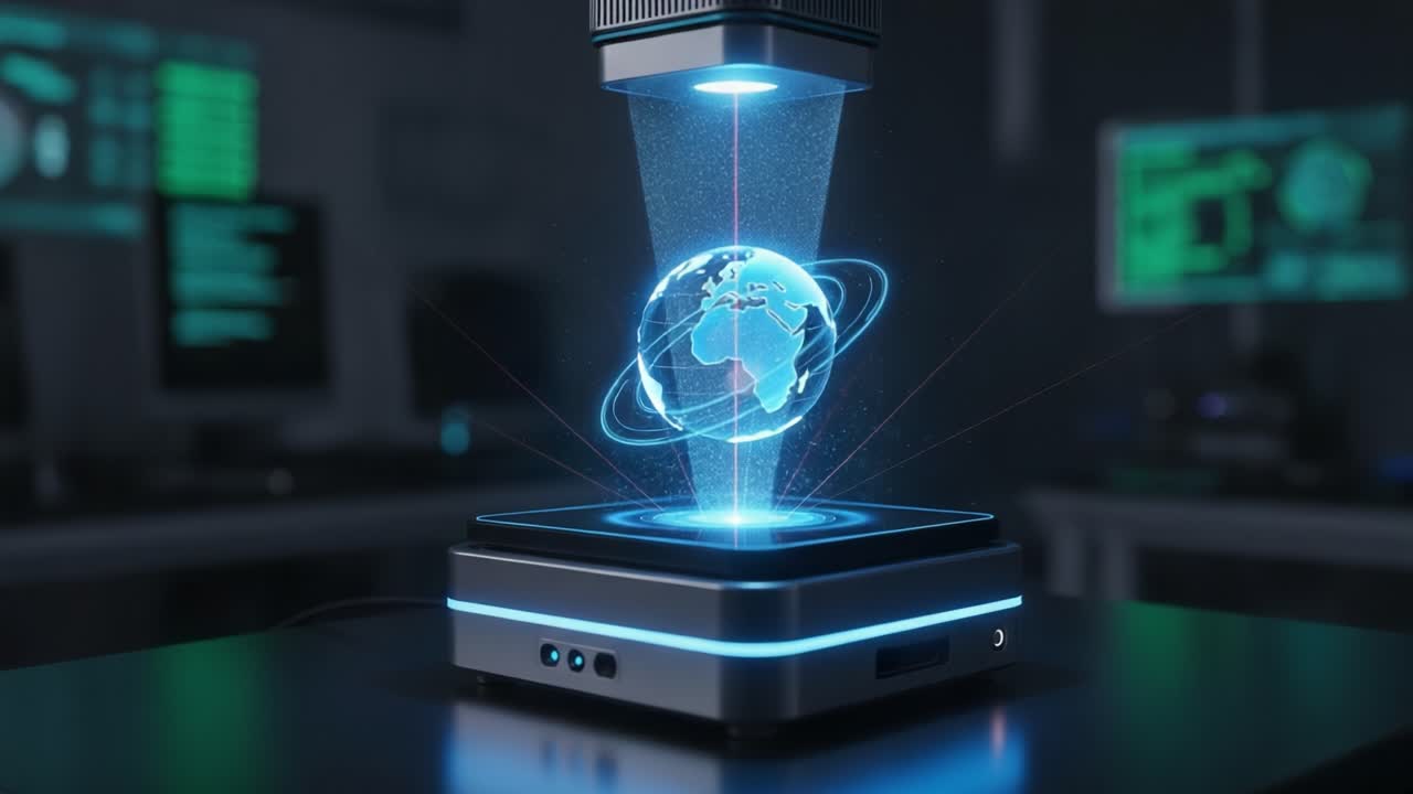 The Future of Technology: A Captivating 3D Holographic Projection of Earth Floating Above a Digital Platform in an Innovative Tech Environment