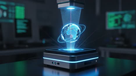 the future of technology: a captivating 3d holographic projection of earth floating above a digital platform in an innovative tech environment