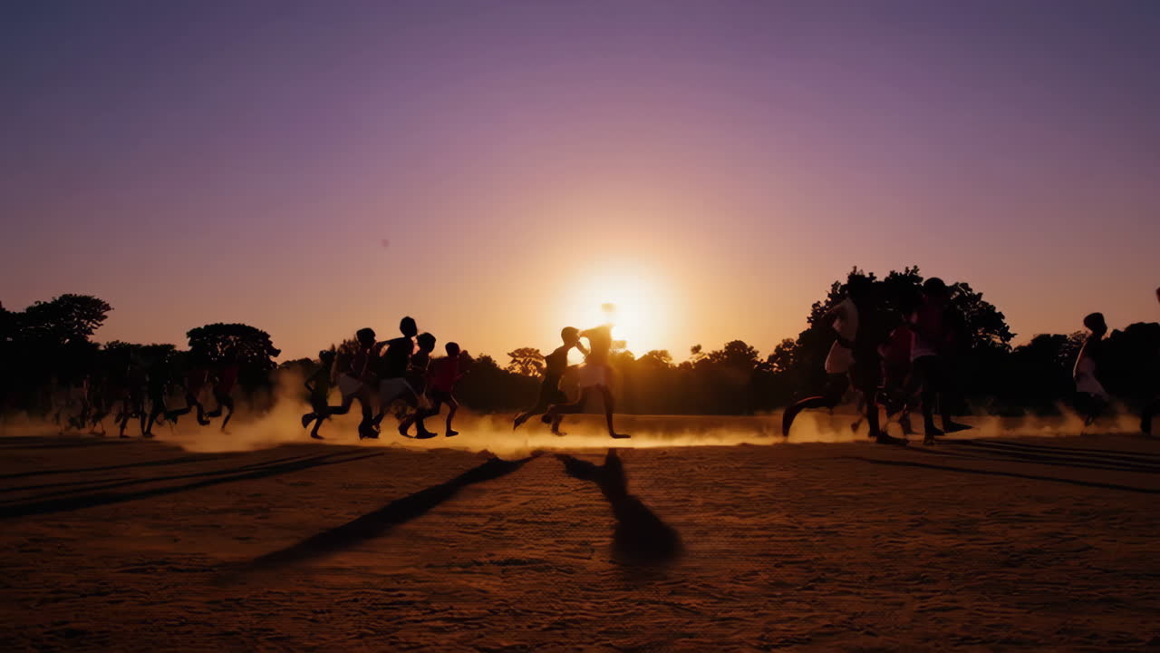 Silhouettes of runners racing on a dusty track at sunset