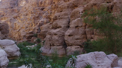 Sunny-day-at-the-turquoise-pools-of-Wadi-Shab-canyon-in-Oman,-wide-shot-tilt-up